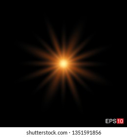 isolated orange Rays with lens flare, Sun flare, flare on the black background. Transparent Vector Illustration