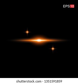 isolated orange Rays with lens flare, Sun flare, flare on the black background. Vector Illustration