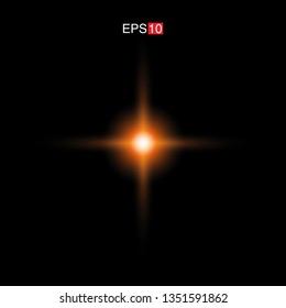 isolated orange Rays with lens flare, Sun flare, flare on the black background. Vector Illustration