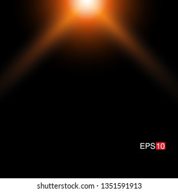 isolated orange Rays with lens flare, Sun flare, flare on the black background. Vector Illustration
