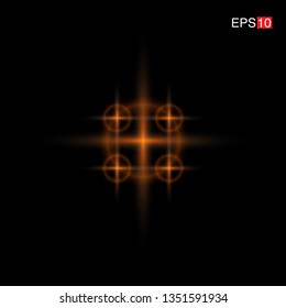 isolated orange Rays with lens flare, Sun flare, flare on the black background. Vector Illustration