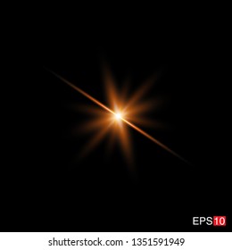 isolated orange Rays with lens flare, Sun flare, flare on the black background. Vector Illustration