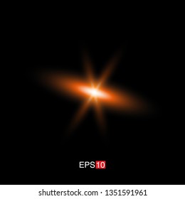 isolated orange Rays with lens flare, Sun flare, flare on the black background. Vector Illustration
