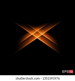 isolated orange Rays with lens flare, Sun flare, flare on the black background. Vector Illustration