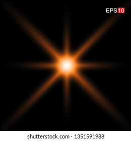 isolated orange Rays with lens flare, Sun flare, flare on the black background. Vector Illustration