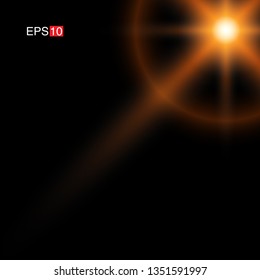 isolated orange Rays with lens flare, Sun flare, flare on the black background. Vector Illustration