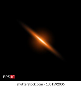 isolated orange Rays with lens flare, Sun flare, flare on the black background. Vector Illustration