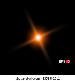 isolated orange Rays with lens flare, Sun flare, flare on the black background. Vector Illustration