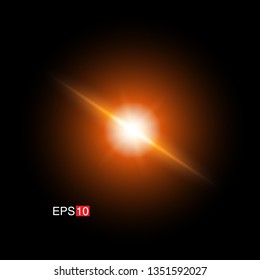 isolated orange Rays with lens flare, Sun flare, flare on the black background. Transparent Vector Illustration