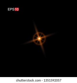isolated orange Rays with lens flare, Sun flare, flare on the black background. Vector Illustration