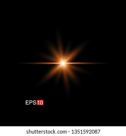 isolated orange Rays with lens flare, Sun flare, flare on the black background. Vector Illustration