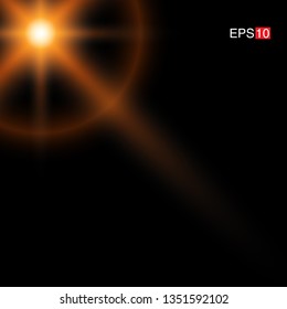 isolated orange Rays with lens flare, Sun flare, flare on the black background. Transparent Vector Illustration