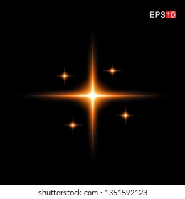 isolated orange Rays with lens flare, Sun flare, flare on the black background. Vector Illustration