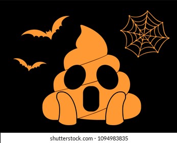 The isolated orange scary shit face flat icon with flying bat and spider net