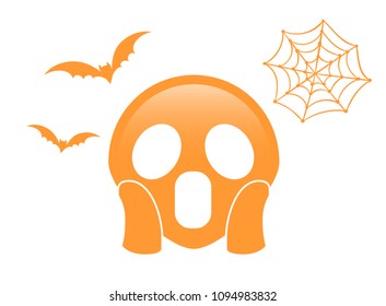The isolated orange scary and spooky face flat icon with flying bat and spider net