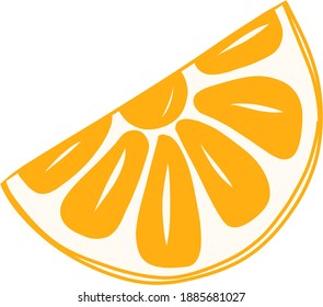 Einziger orangefarbener Schnitt auf Weiß. saftige frische Vitamin-Zitrusfrüchte. Konzept von reifen Orangen für Aufkleber, Druck, Deckel, Greengrocery. Flaches, handgezeichnetes Design aus einer orangefarbenen Schleife. Gesunde ökologische Lebensmittel