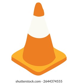 Isolated orange traffic cone with white stripes for road construction and safety measures icon design
