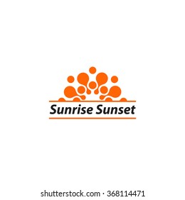 Isolated orange vector sunrise sunset logo. Summer sun logotype. Warm image. Heat illustration. Natural phenomenon. Fire sign. Simple flat icon. Molecular structure. Explosion. Paint drops.