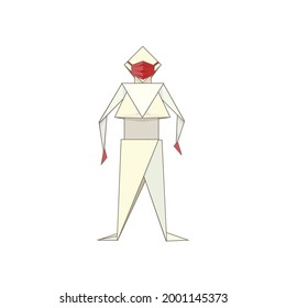 Isolated Origami man using mask and gloves to protect himself, vector male paper man on white isolated background for prints, stickers, patterns, booklets, icons for social media, apps, websites.