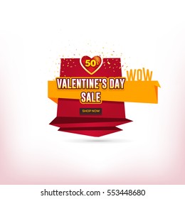 Isolated Origami Style Web Banner, Flyer, Poster. Red Colors Valentine's Day Sale Ad, Vector Business Advertising Theme Shopping Illustration and Confetti