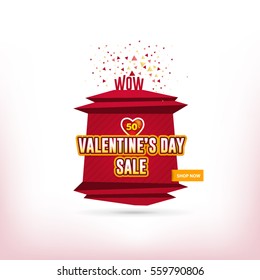 Isolated Origami Style Web Banner, Flyer, Poster. Red Colors Valentine's Day Sale Ad, Vector Business Advertising Theme Shopping Illustration and Confetti