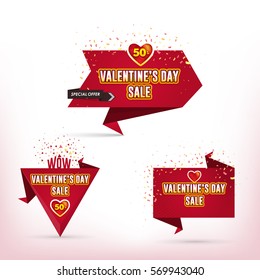Isolated Origami Style Web Banner Collection. Red Colors Valentine's Day Sale Ad Flyer, Poster Set. Vector Business Advertising Theme Shopping and Confetti Illustration