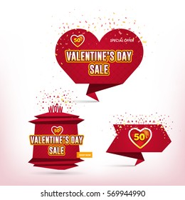 Isolated Origami Style Web Banner Collection. Red Colors Valentine's Day Sale Ad Flyer, Poster Set. Vector Business Advertising Theme Shopping and Confetti Illustration
