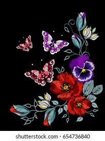 Isolated ornament of embroidered flowers and butterfly on a black background. Vector illustration.