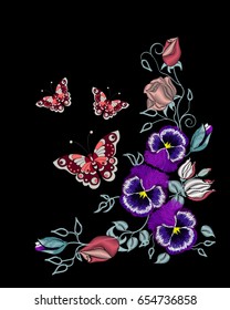 Isolated ornament of embroidered flowers on a black background. Vector illustration.