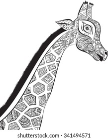 isolated ornamental boho cute giraffe with long neck drawing, sketched animal of africa illustration, nature in zoo paisley doodle for design pattern textiles hand drawn children clothes