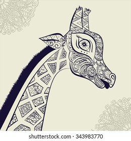 isolated ornamental boho cute giraffe with long neck drawing, sketched animal of africa illustration, nature in zoo paisley doodle for design pattern textiles hand drawn children clothes
