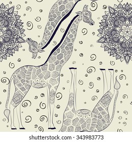 isolated ornamental boho cute giraffe with long neck drawing, sketched animal of africa illustration, nature zoo paisley doodle for design textiles. Hand drawn seamless pattern