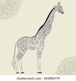 isolated ornamental boho cute giraffe with long neck drawing, sketched animal of africa illustration, nature in zoo paisley doodle for design pattern textiles hand drawn children clothes