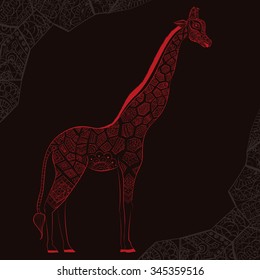 isolated ornamental boho cute giraffe with long neck drawing, sketched animal of africa illustration, nature in zoo paisley doodle for design pattern textiles hand drawn children clothes
