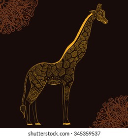 isolated ornamental boho cute giraffe with long neck drawing, sketched animal of africa illustration, nature in zoo paisley doodle for design pattern textiles hand drawn children clothes