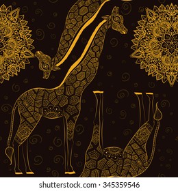 isolated ornamental boho cute giraffe with long neck drawing, sketched animal of africa illustration, nature zoo paisley doodle for design textiles. Hand drawn seamless pattern
