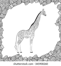isolated ornamental boho cute giraffe with long neck drawing, sketched animal of africa illustration, nature in zoo paisley doodle for design pattern textiles hand drawn children clothes