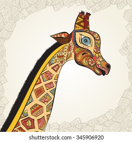 isolated ornamental boho cute giraffe with long neck drawing, sketched animal of africa illustration, nature in zoo paisley doodle for design pattern textiles hand drawn children clothes