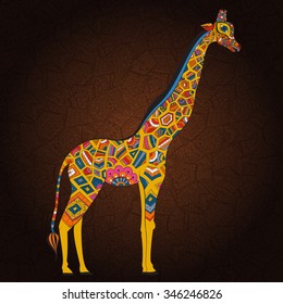 isolated ornamental boho cute giraffe with long neck drawing, sketched animal of africa illustration, nature in zoo paisley doodle for design pattern textiles hand drawn children clothes