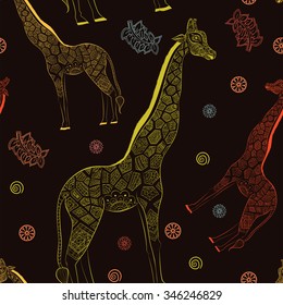 isolated ornamental boho cute giraffe with long neck drawing, sketched animal of africa illustration, nature zoo paisley doodle for design textiles. Hand drawn seamless pattern