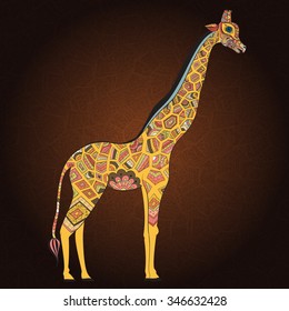 isolated ornamental boho cute giraffe with long neck drawing, sketched animal of africa illustration, nature in zoo paisley doodle for design pattern textiles hand drawn children clothes