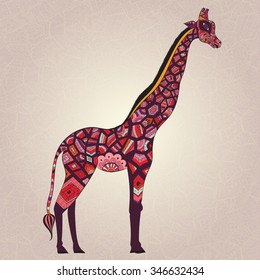 isolated ornamental boho cute giraffe with long neck drawing, sketched animal of africa illustration, nature in zoo paisley doodle for design pattern textiles hand drawn children clothes
