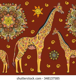 isolated ornamental boho cute giraffe with long neck drawing, sketched animal of africa, nature zoo paisley doodle. Illustration for design textiles. Hand drawn seamless pattern
