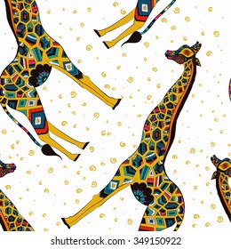 isolated ornamental boho cute giraffe with long neck drawing, sketched animal of africa, nature zoo paisley doodle. Illustration for design textiles. Hand drawn seamless pattern