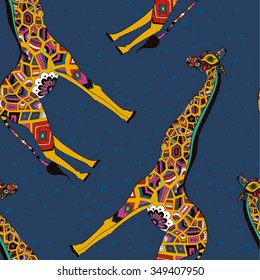 isolated ornamental boho cute giraffe with long neck drawing, sketched animal of africa, nature zoo paisley doodle. Illustration for design textiles. Hand drawn seamless pattern