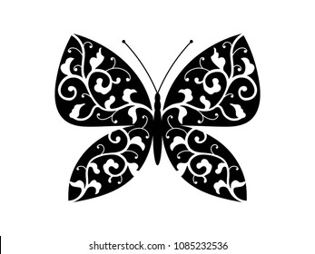 Isolated ornamental butterfly design for tattoo, sticker or decoration of wall. Black and white stylized butterfly logo element. Vector illustration.