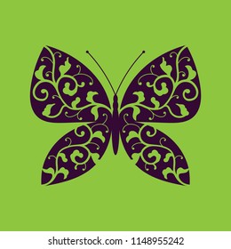 Isolated ornamental butterfly design for tattoo, sticker or decoration of wall. Stylized butterfly logo element. Vector illustration.