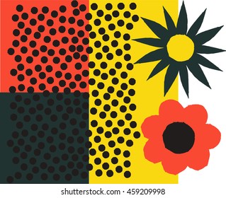 Isolated ornamental card with abstract flowers. Cute print in scandinavian style.The image is made in the style of hand-made, bright, simple, patchwork