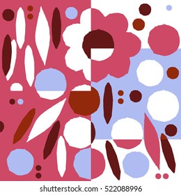 Isolated ornamental card with abstract flowers. Cute print in scandinavian style.The image is made in the style of hand-made, bright, simple, patchwork. Abstract background. Ornamental, traditional.