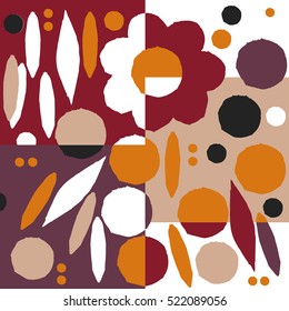 Isolated ornamental card with abstract flowers. Cute print in scandinavian style.The image is made in the style of hand-made, bright, simple, patchwork. Abstract background. Ornamental, traditional.